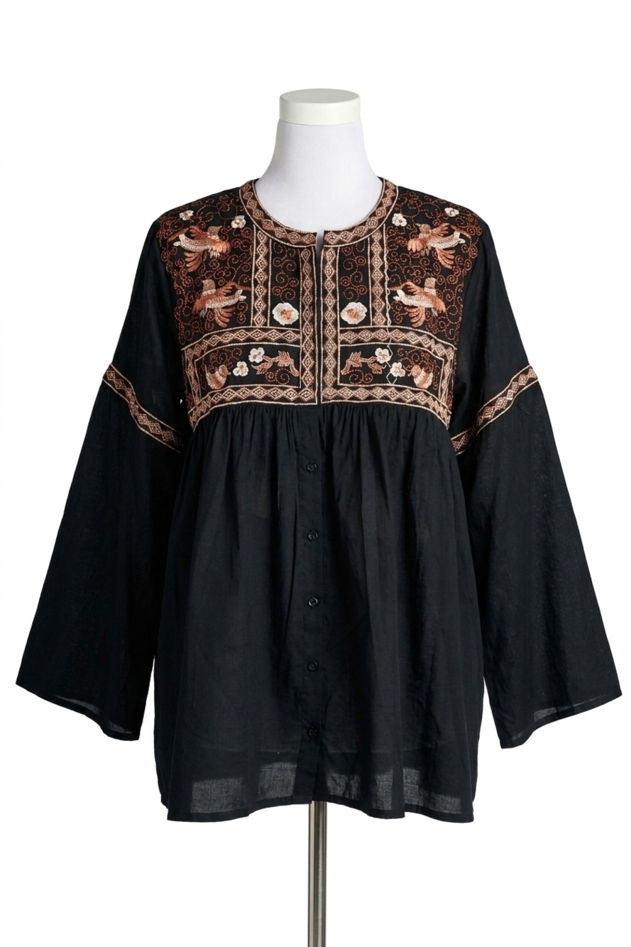 NEW VELZERA embroidered button down shirt in black